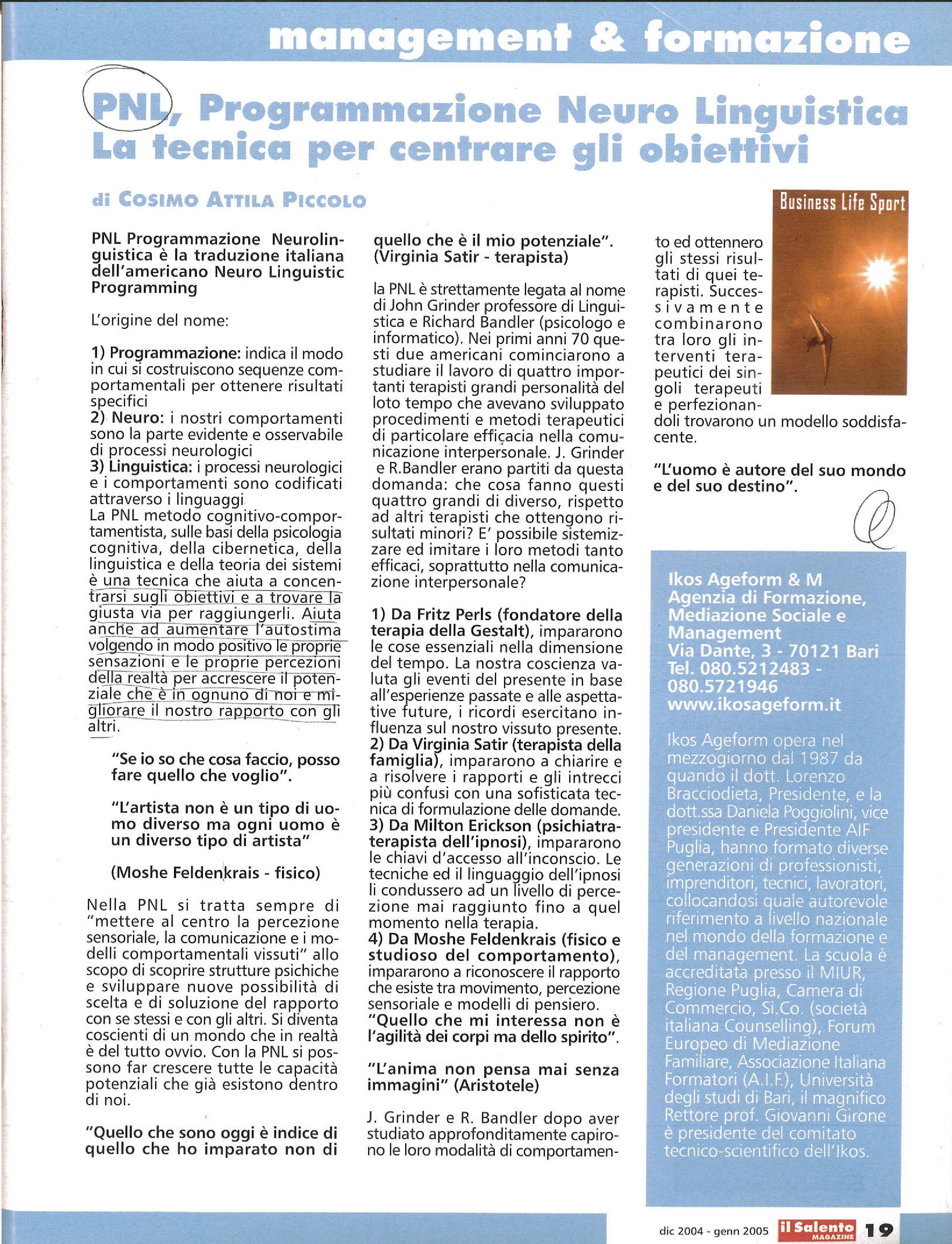 IL SALENTO MAGAZINE PNL programmazione neurolinguistica dic. 2004 gen. 2005